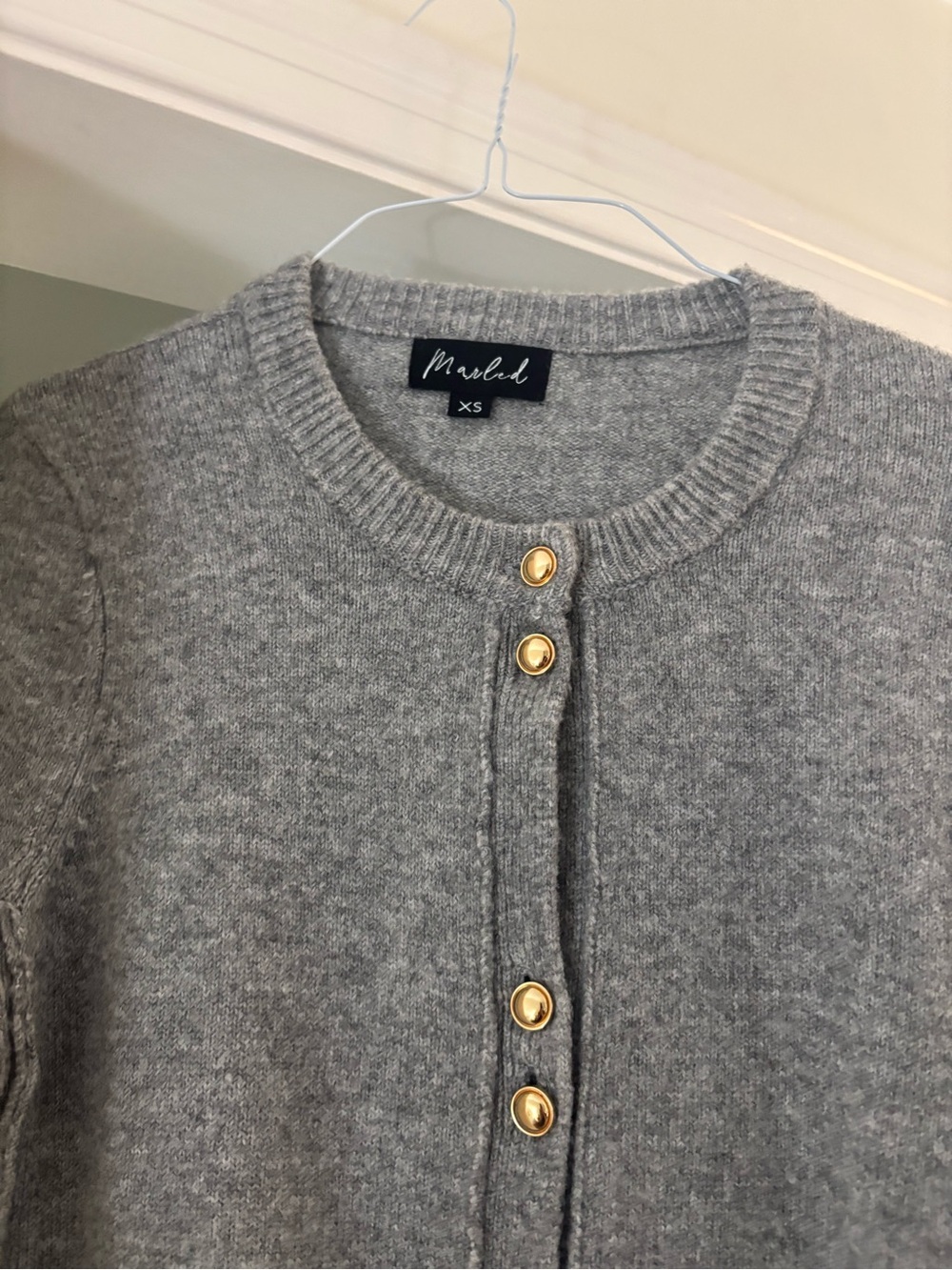 Marled Gray Crewneck Cardigan with Gold Buttons
